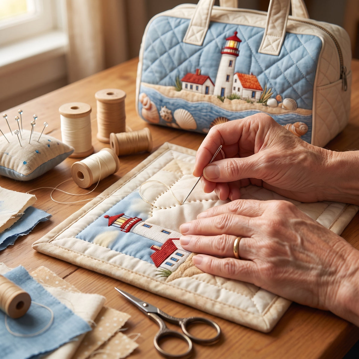 Quilted Duffel Bag - Lighthouse and Seashells