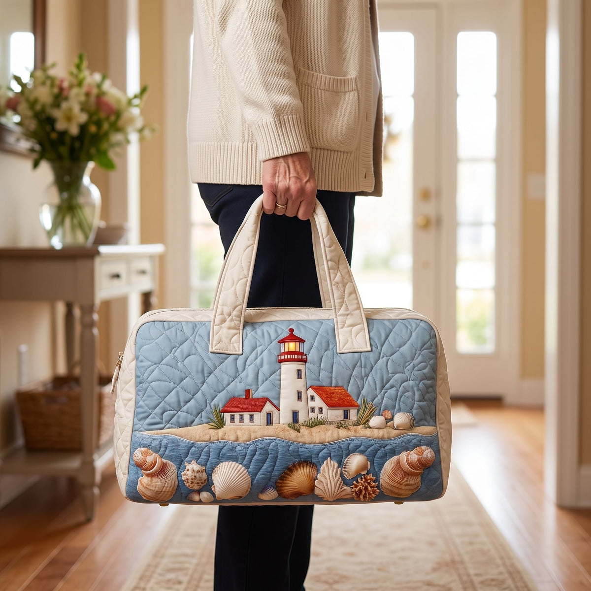 Quilted Duffel Bag - Lighthouse and Seashells