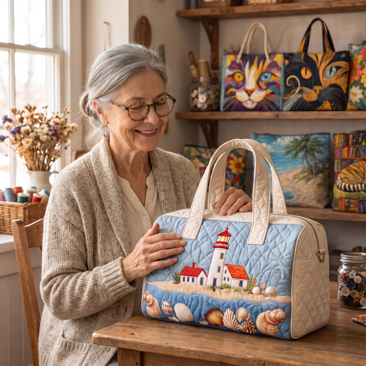 Quilted Duffel Bag - Lighthouse and Seashells