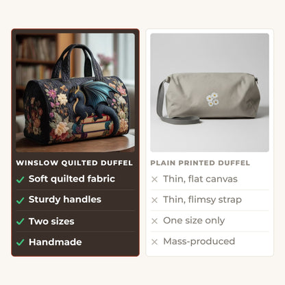 Quilted Duffel Bag - Literary Dragon compared with a plain printed duffel
