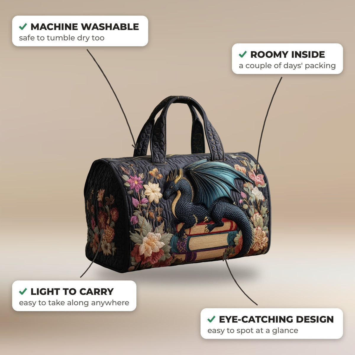 Quilted Duffel Bag - Literary Dragon features: machine washable, roomy inside, light to carry