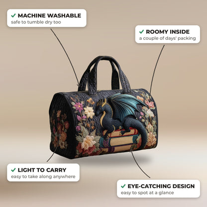 Quilted Duffel Bag - Literary Dragon features: machine washable, roomy inside, light to carry