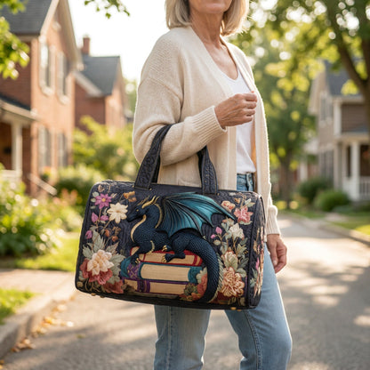 Quilted Duffel Bag - Literary Dragon, lifestyle photo