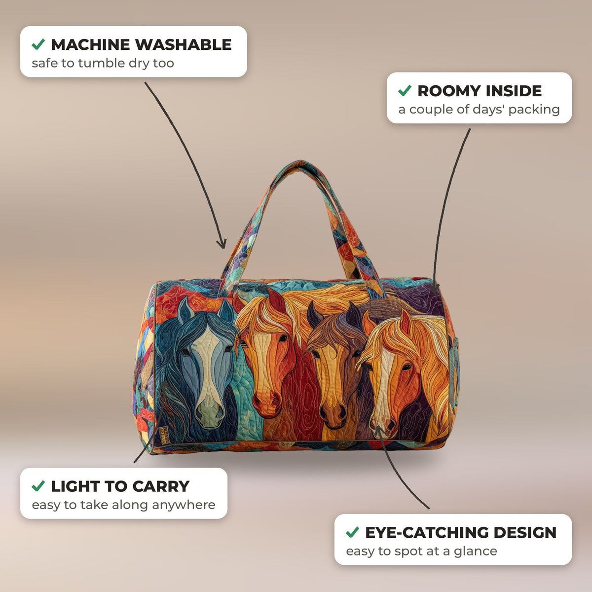 Quilted Duffel Bag - Painted Horses features: machine washable, roomy inside, light to carry