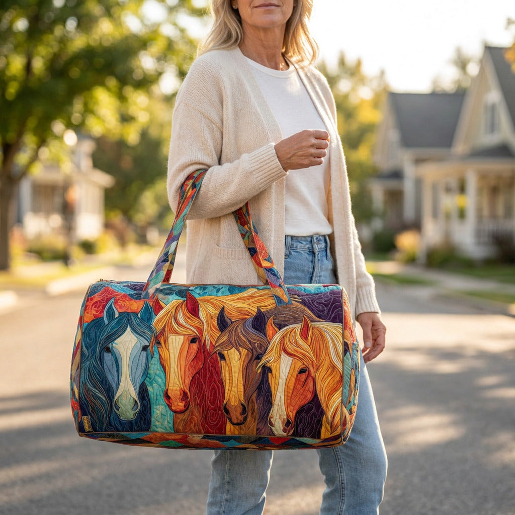 Quilted Duffel Bag - Painted Horses, lifestyle photo