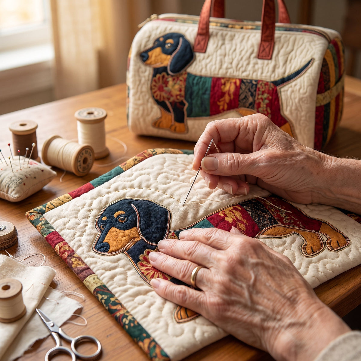 Quilted Duffel Bag - Patchwork Dachshund
