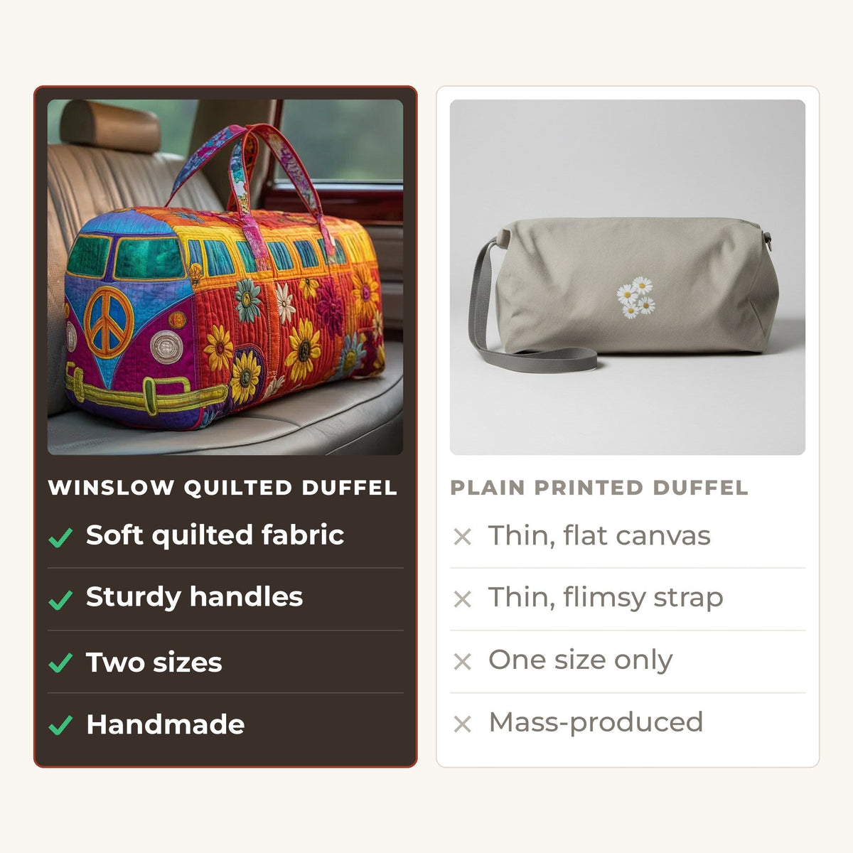Quilted Duffel Bag - Peace and Flowers Camper compared with a plain printed duffel