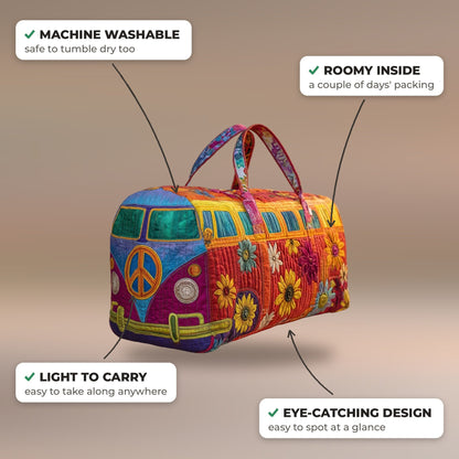 Quilted Duffel Bag - Peace and Flowers Camper features: machine washable, roomy inside, light to carry