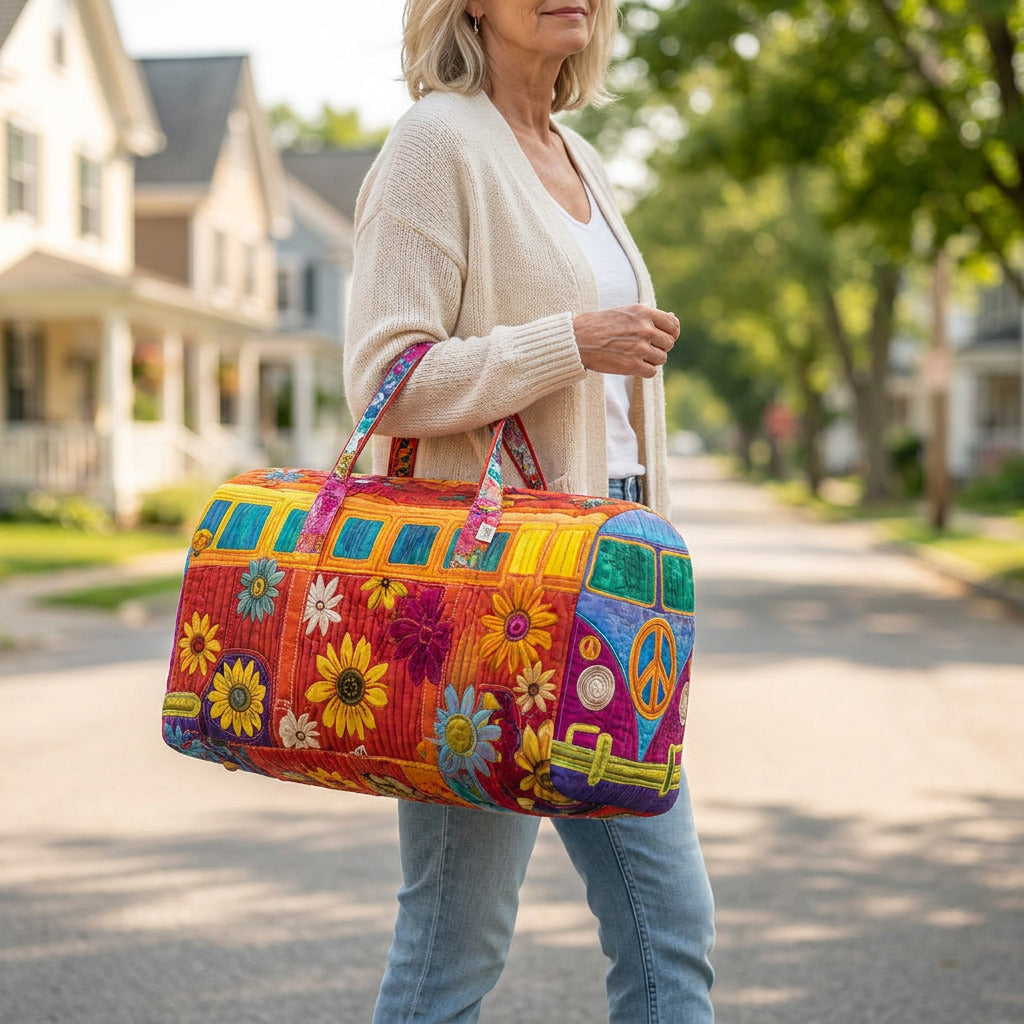 Quilted Duffel Bag - Peace and Flowers Camper, lifestyle photo
