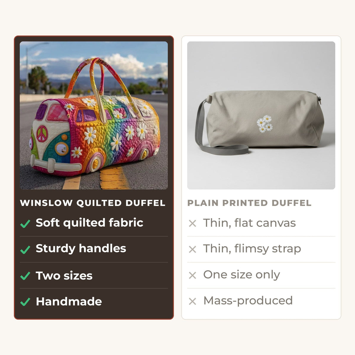 Quilted Duffel Bag - Rainbow Camper compared with a plain printed duffel