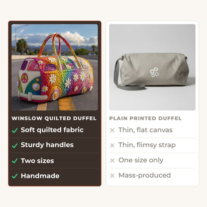 Quilted Duffel Bag - Rainbow Camper compared with a plain printed duffel