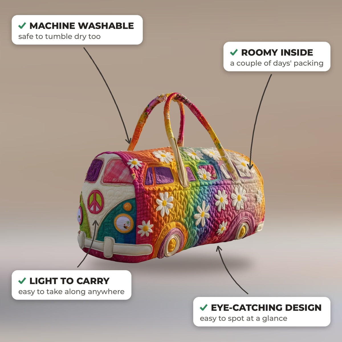 Quilted Duffel Bag - Rainbow Camper features: machine washable, roomy inside, light to carry
