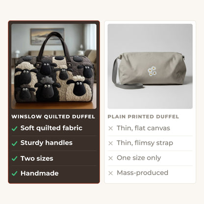 Quilted Duffel Bag - Sheep in Black and Cream compared with a plain printed duffel