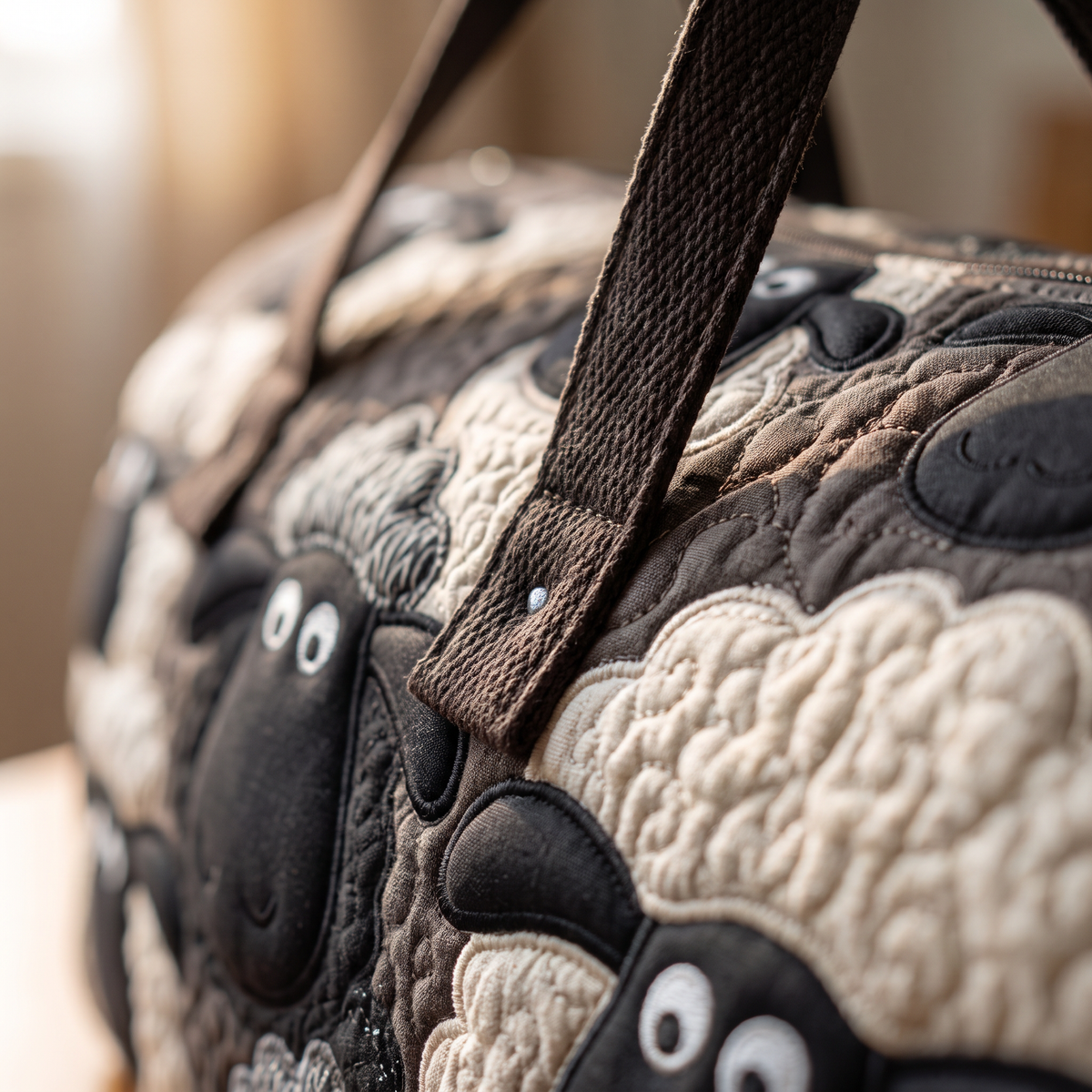 Quilted Duffel Bag - Sheep in Black and Cream