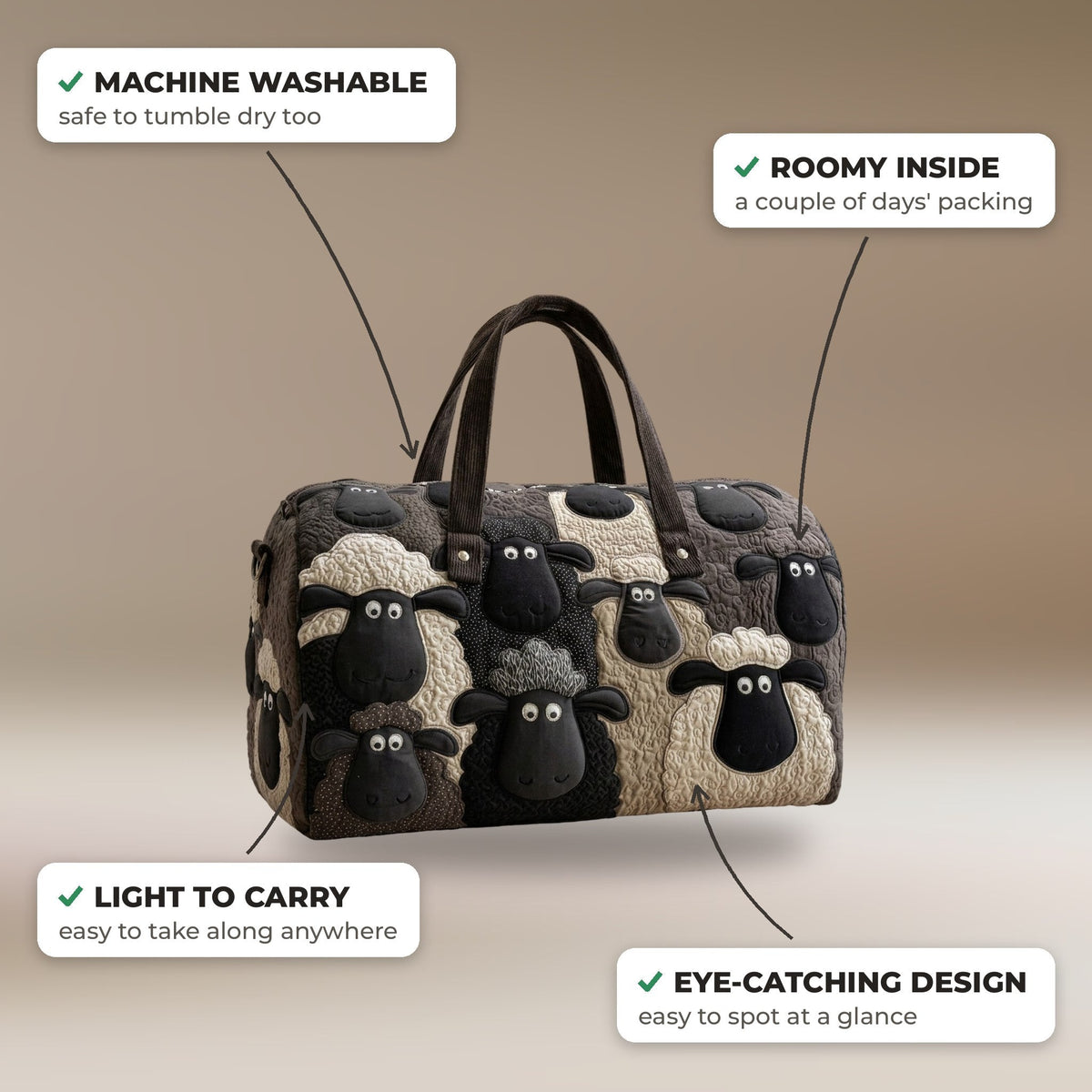 Quilted Duffel Bag - Sheep in Black and Cream features: machine washable, roomy inside, light to carry