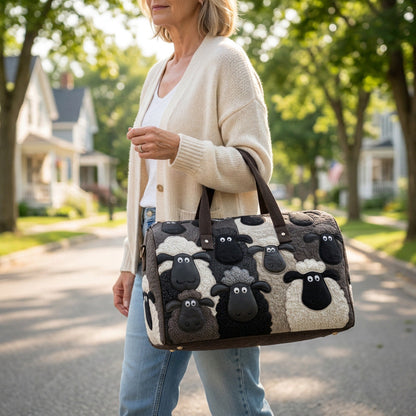 Quilted Duffel Bag - Sheep in Black and Cream, lifestyle photo