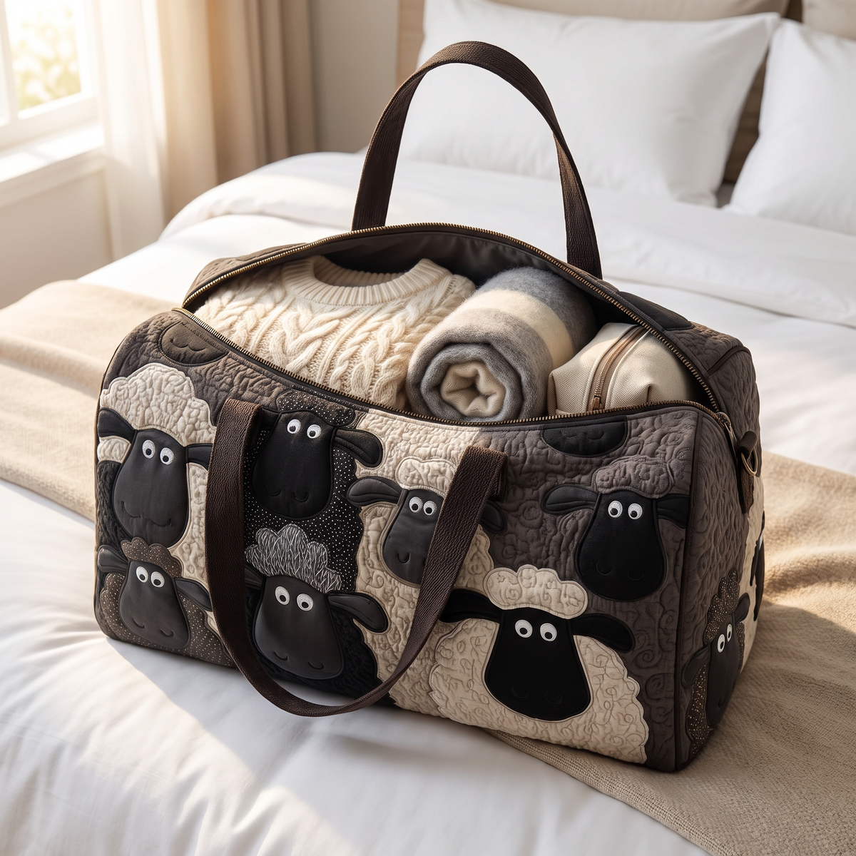Quilted Duffel Bag - Sheep in Black and Cream