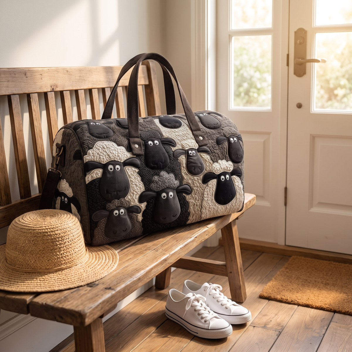 Quilted Duffel Bag - Sheep in Black and Cream
