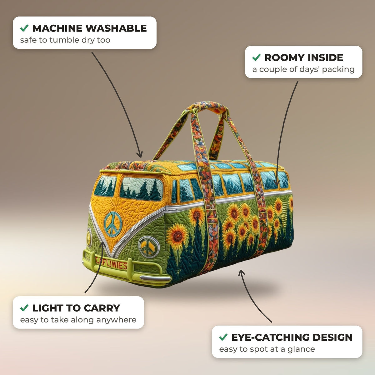 Quilted Duffel Bag - Sunflower Camper features: machine washable, roomy inside, light to carry