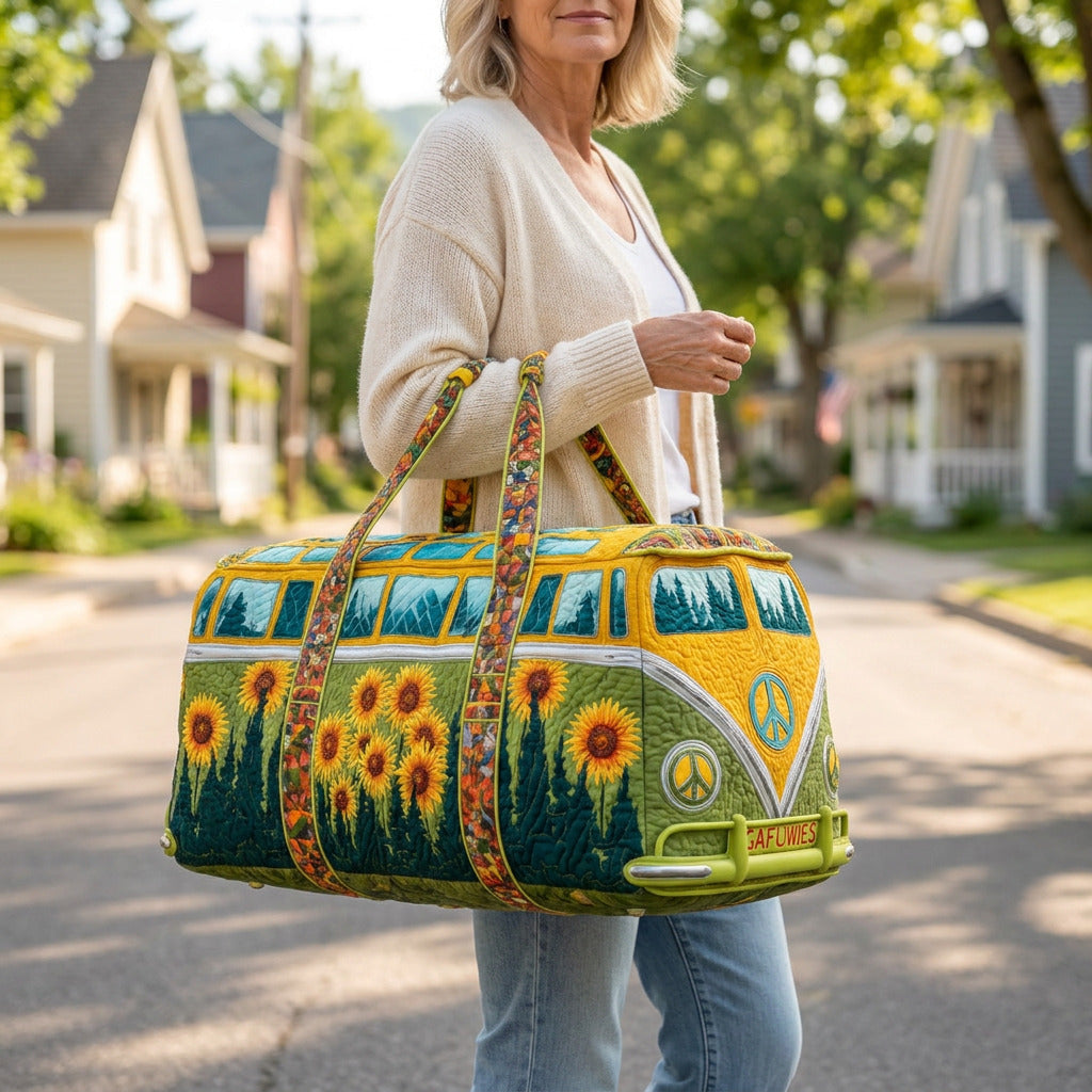 Quilted Duffel Bag - Sunflower Camper, lifestyle photo