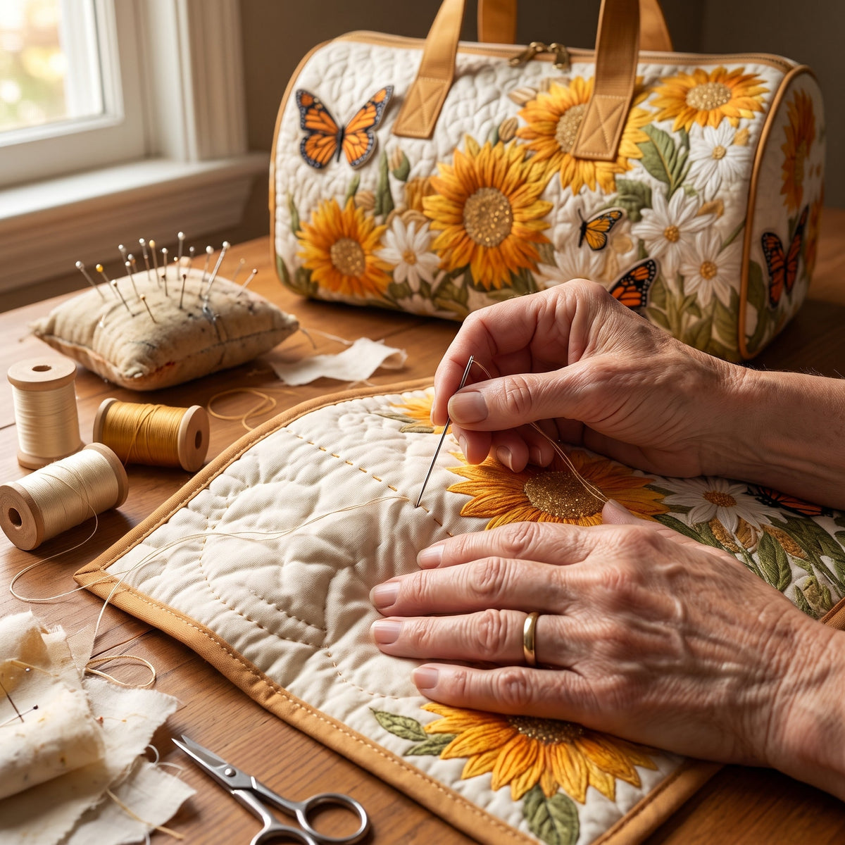 Quilted Duffel Bag - Sunflowers and Monarch Butterflies