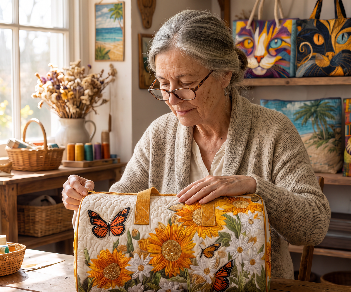 Quilted Duffel Bag - Sunflowers and Monarch Butterflies