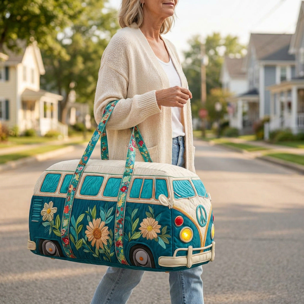 Quilted Duffel Bag - Teal Camper, lifestyle photo