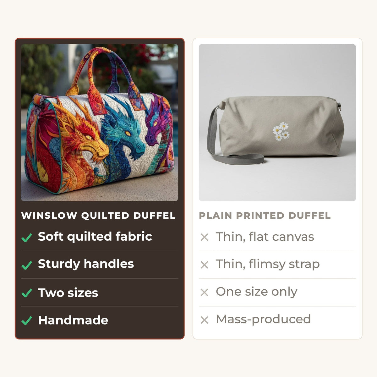 Quilted Duffel Bag - Three Dragons compared with a plain printed duffel