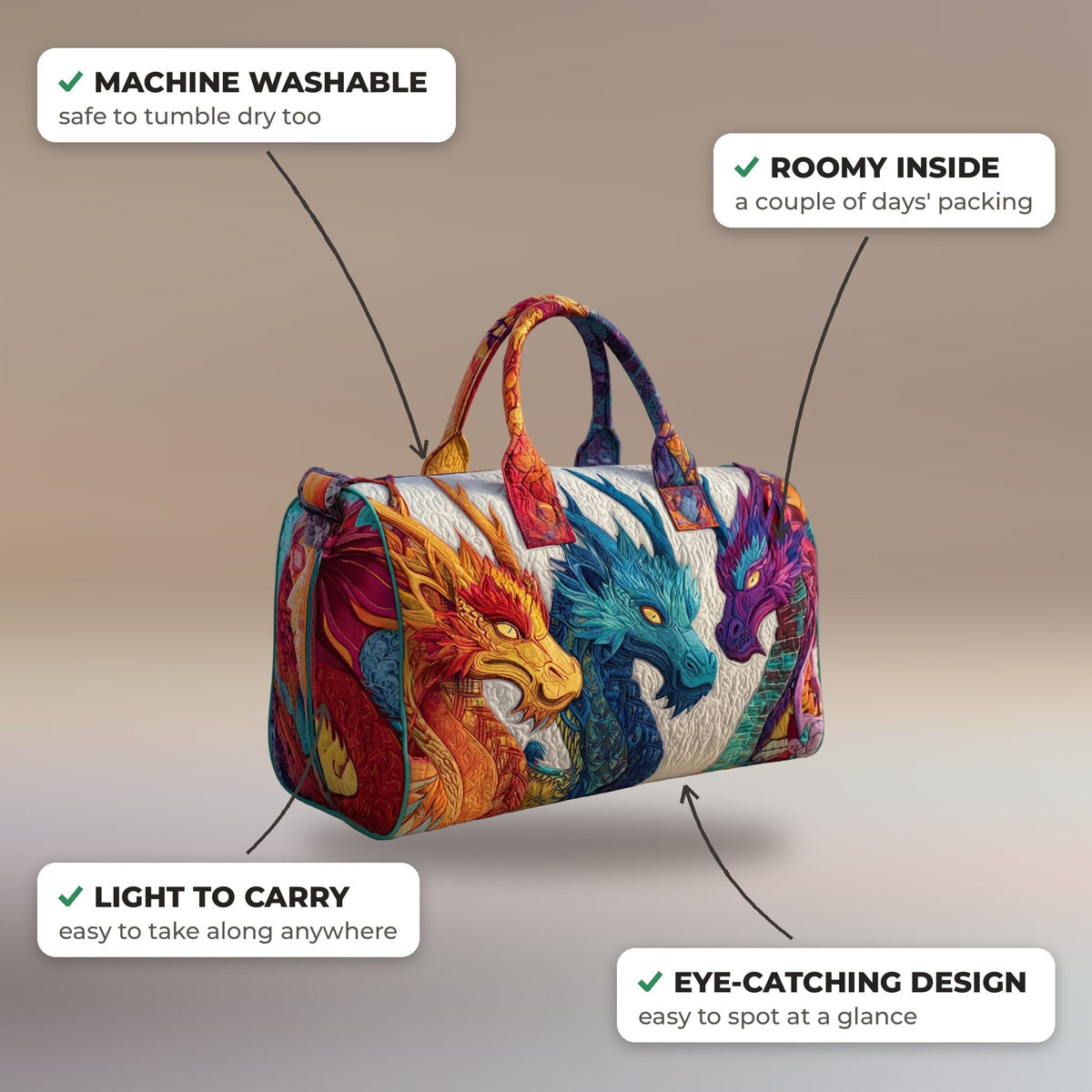 Quilted Duffel Bag - Three Dragons features: machine washable, roomy inside, light to carry