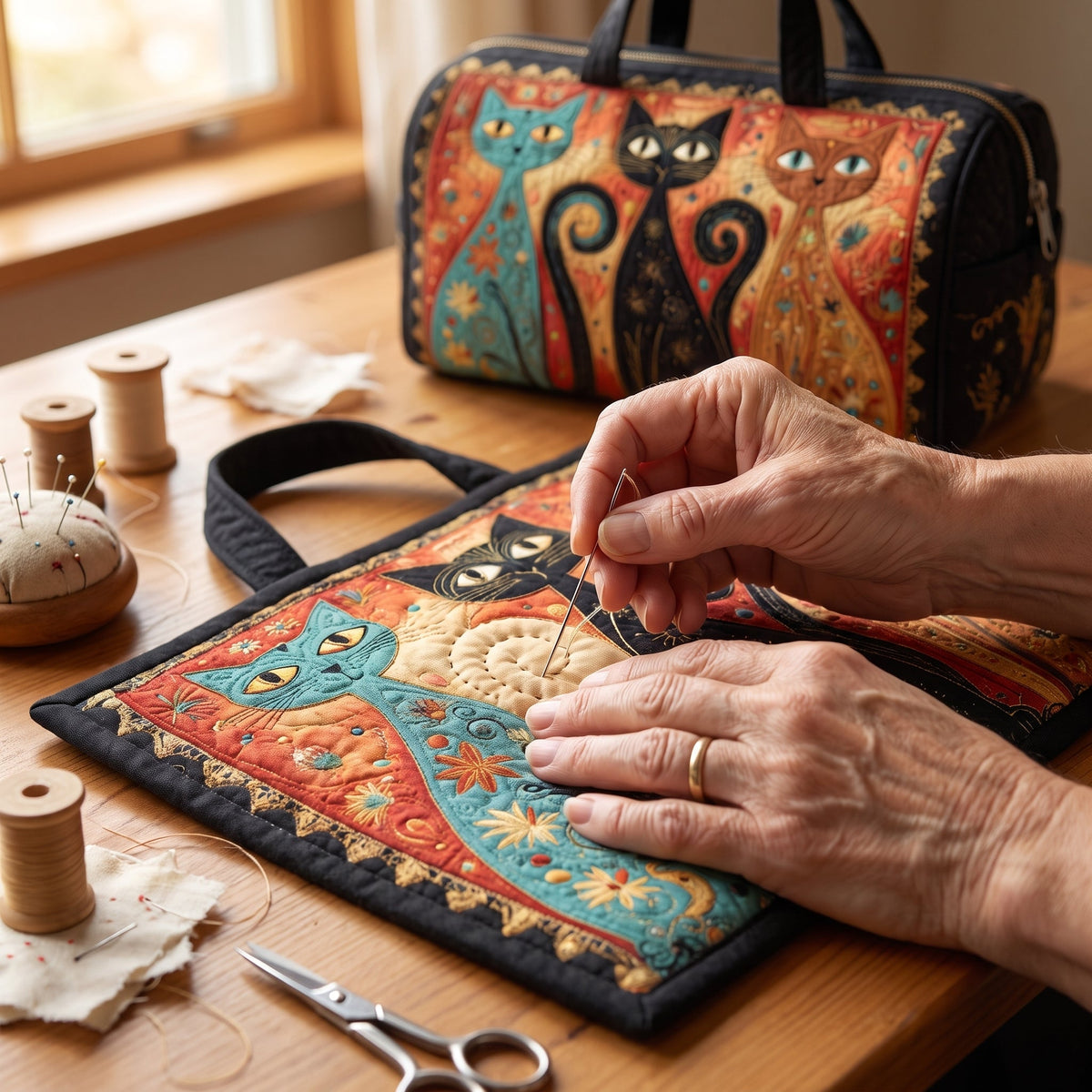 Quilted Duffel Bag - Three Folk Art Cats