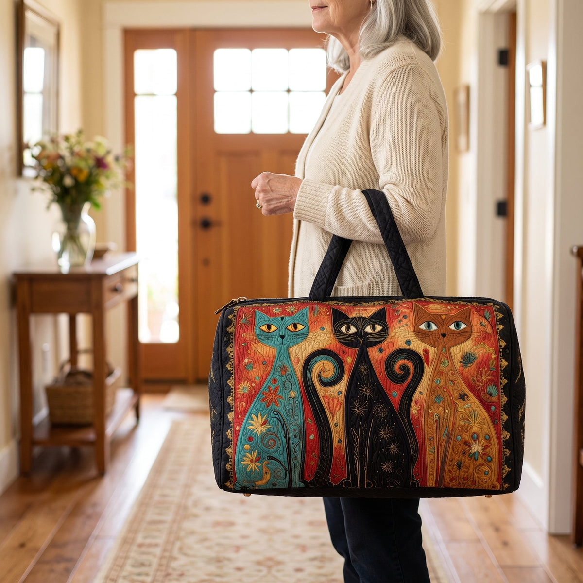 Quilted Duffel Bag - Three Folk Art Cats
