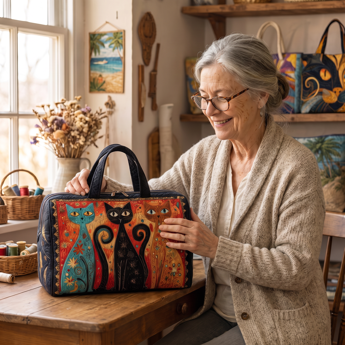 Quilted Duffel Bag - Three Folk Art Cats