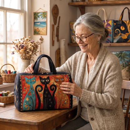 Quilted Duffel Bag - Three Folk Art Cats