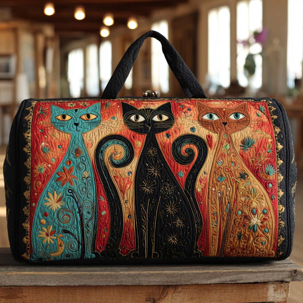 Quilted Duffel Bag - Three Folk Art Cats