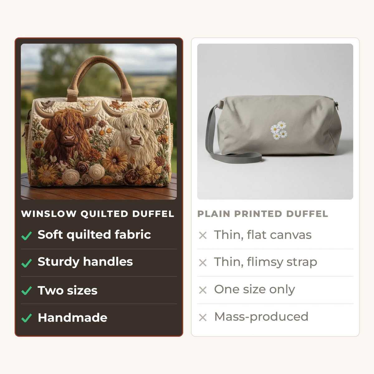 Quilted Duffel Bag - Two Highland Cows compared with a plain printed duffel