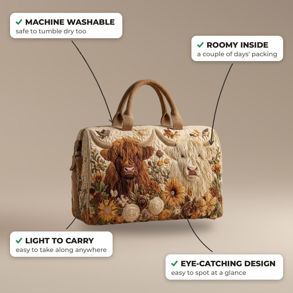 Quilted Duffel Bag - Two Highland Cows features: machine washable, roomy inside, light to carry