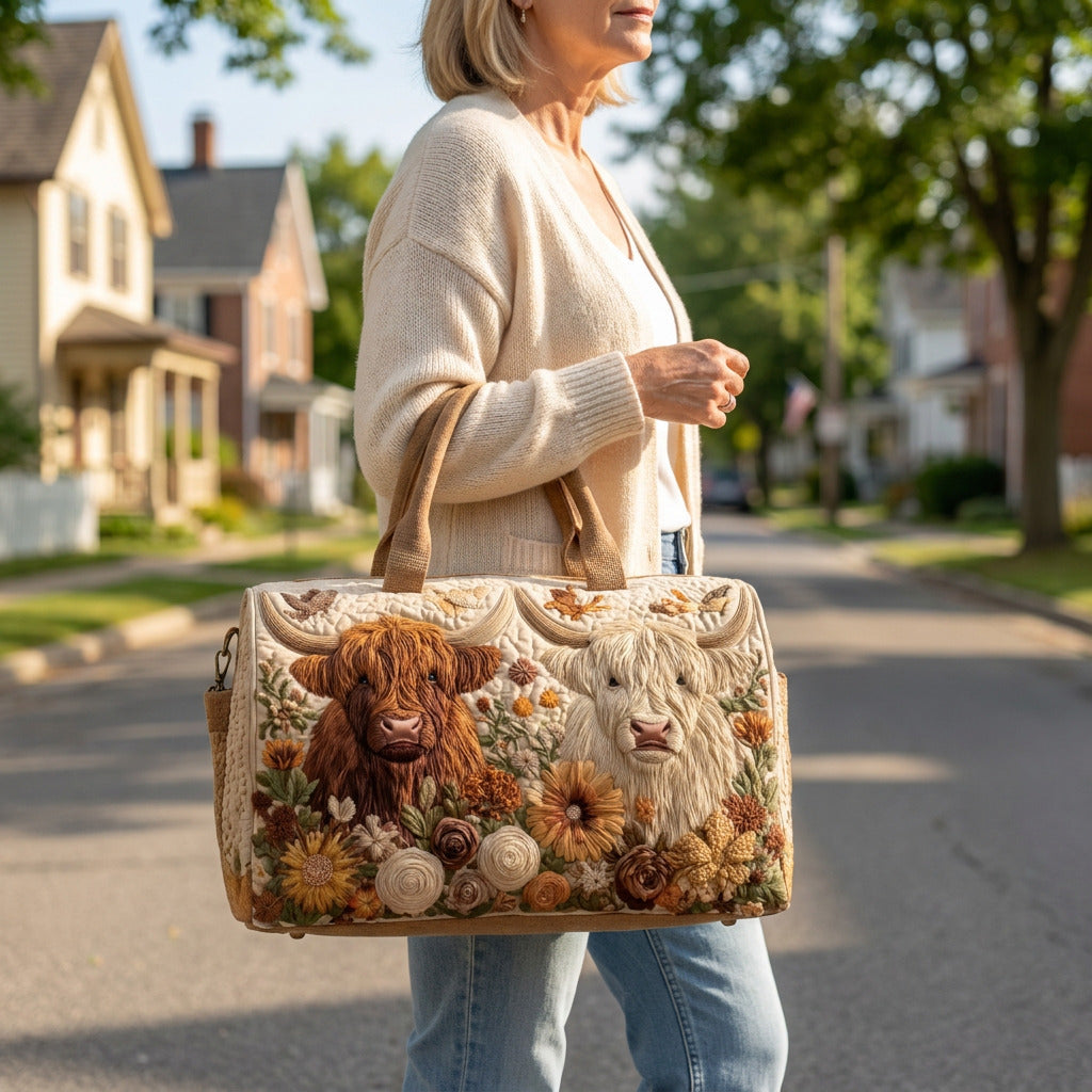 Quilted Duffel Bag - Two Highland Cows, lifestyle photo