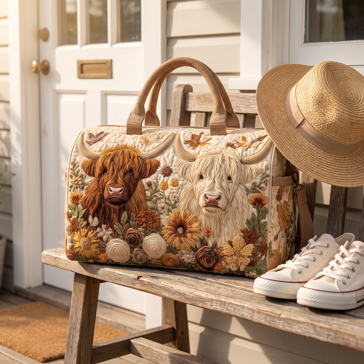 Quilted Duffel Bag - Two Highland Cows