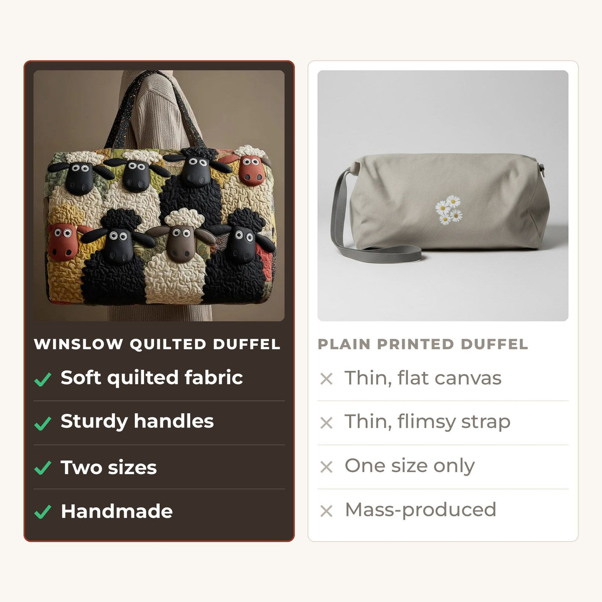 Quilted Duffel Bag - Woolly Sheep compared with a plain printed duffel