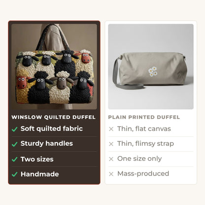 Quilted Duffel Bag - Woolly Sheep compared with a plain printed duffel