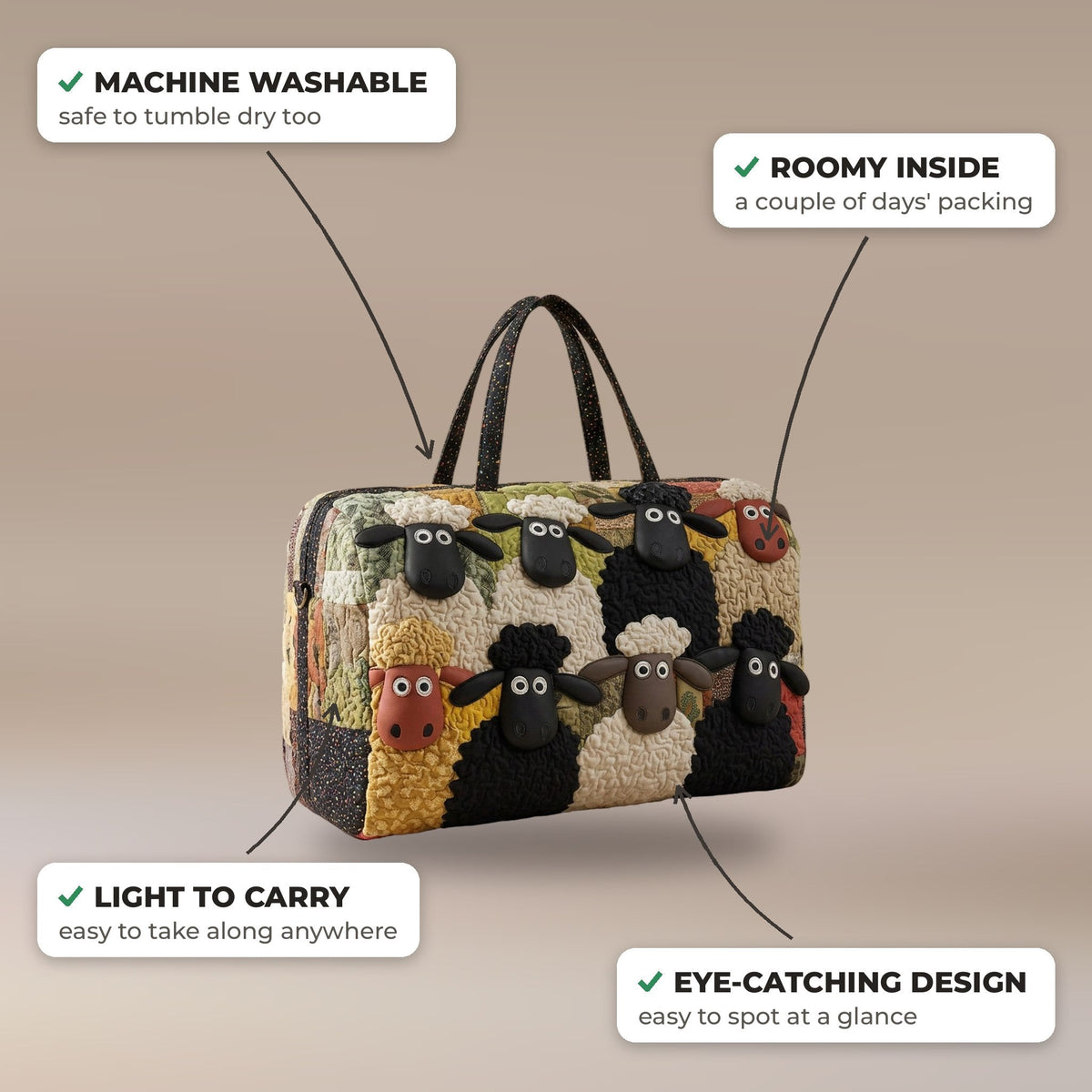 Quilted Duffel Bag - Woolly Sheep features: machine washable, roomy inside, light to carry
