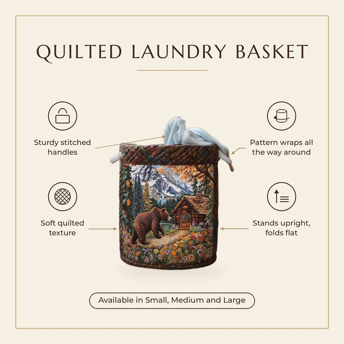 Quilted Laundry Basket - Bear's Cabin features infographic