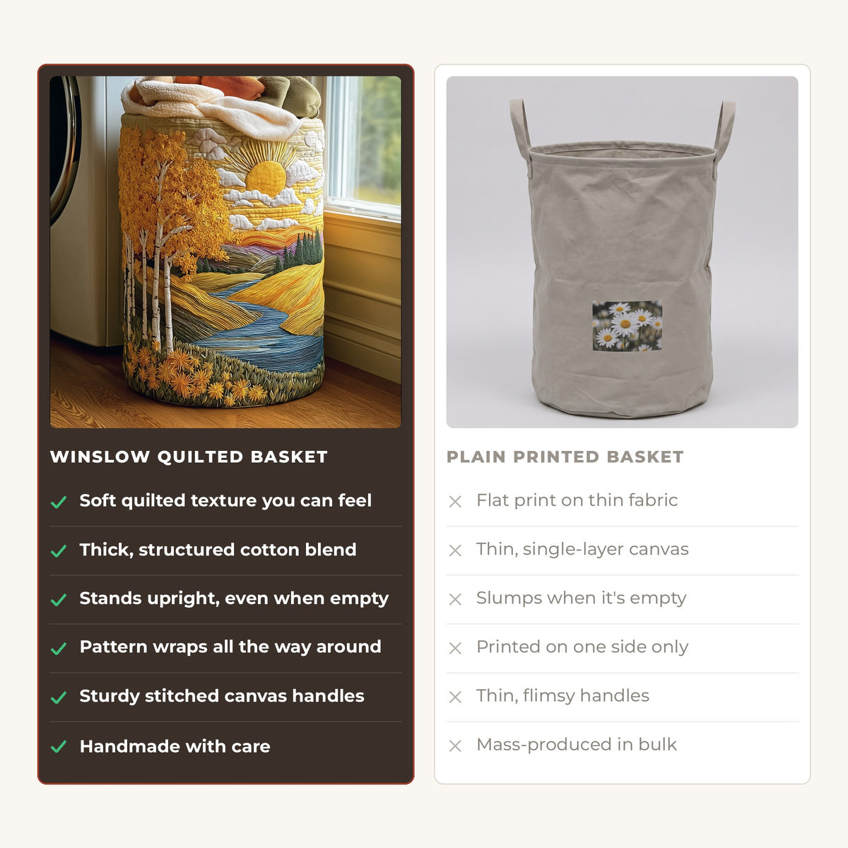 Quilted Laundry Basket - Birch Breeze compared with a plain printed basket
