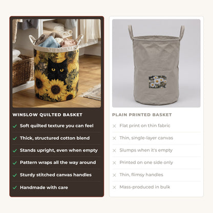 Quilted Laundry Basket - Black Cat and Sunflower compared with a plain printed basket