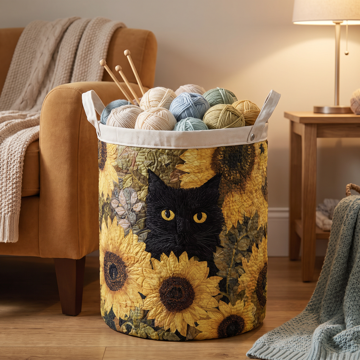 Quilted Laundry Basket - Black Cat and Sunflower