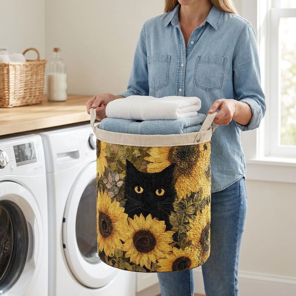 Quilted Laundry Basket - Black Cat and Sunflower held in a laundry room, filled with towels