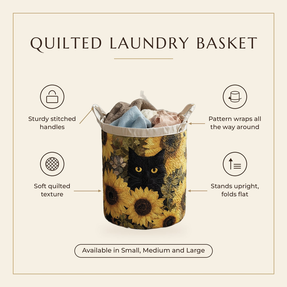 Quilted Laundry Basket - Black Cat and Sunflower features infographic