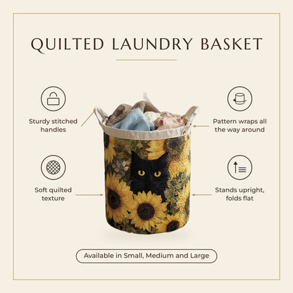 Quilted Laundry Basket - Black Cat and Sunflower features infographic