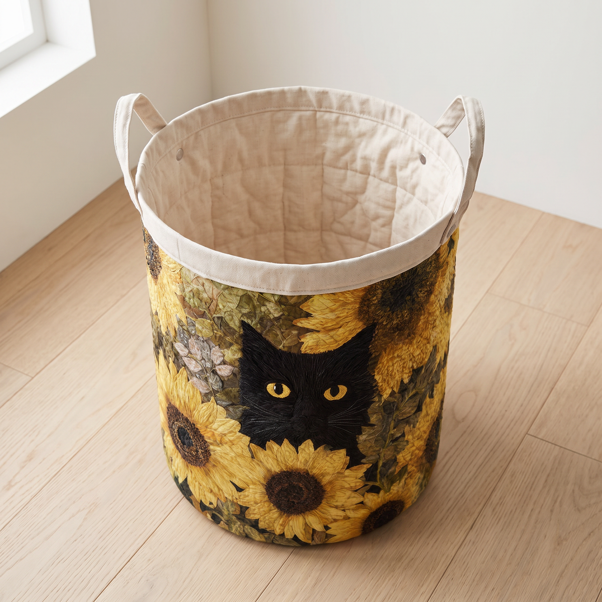 Quilted Laundry Basket - Black Cat and Sunflower