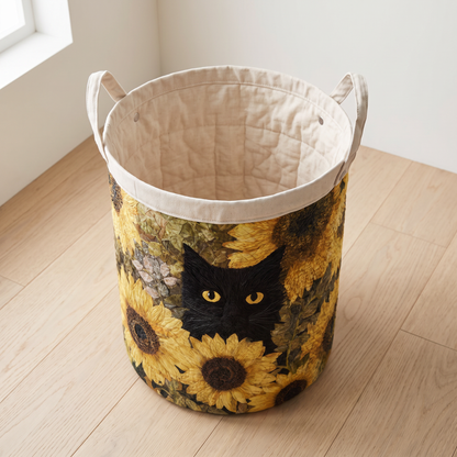 Quilted Laundry Basket - Black Cat and Sunflower